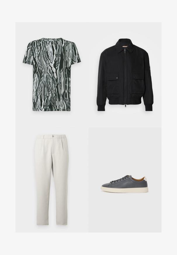 Černá bomber bunda vyrobená z hladkého, lehkého materiálu. Má zipový přední díl, dvě kapsy na hrudi s knoflíky a vroubkované manžety.; Tričko s krátkými rukávy v černobílém abstraktním vlnovém vzoru, s kulatým výstřihem a hladkou texturou bavlněné látky.; Světlé béžové volné kalhoty s jemným leskem, s elastickým pasem, předními kapsami a zúženým střihem nohavic.; Šedé kožené tenisky s kulatou špičkou, gumovou podrážkou, plochými tkaničkami a světlými akcenty na patě. Hladký povrch a minimalistický design.