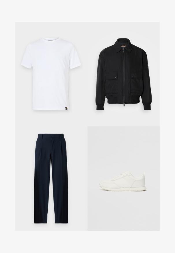 Černá bomber bunda vyrobená z hladkého, lehkého materiálu. Má zipový přední díl, dvě kapsy na hrudi s knoflíky a vroubkované manžety.; Bílý krátký rukáv tričko z bavlny s klasickým kulatým výstřihem, rovného střihu a malou nášivkou s logem na lemu.; Námořnické modré kalhoty s hladkou strukturou, širokým střihem, předními plisovanými záhyby, poutky na opasek a zapínáním na zip. Vhodné pro formální nebo neformální nošení.; Bílé tenisky s vrchní částí z síťoviny a syntetického materiálu, kulatou špičkou, plochými tkaničkami a texturovaným bočním pruhem. Gumová podrážka s poutkem vzadu.