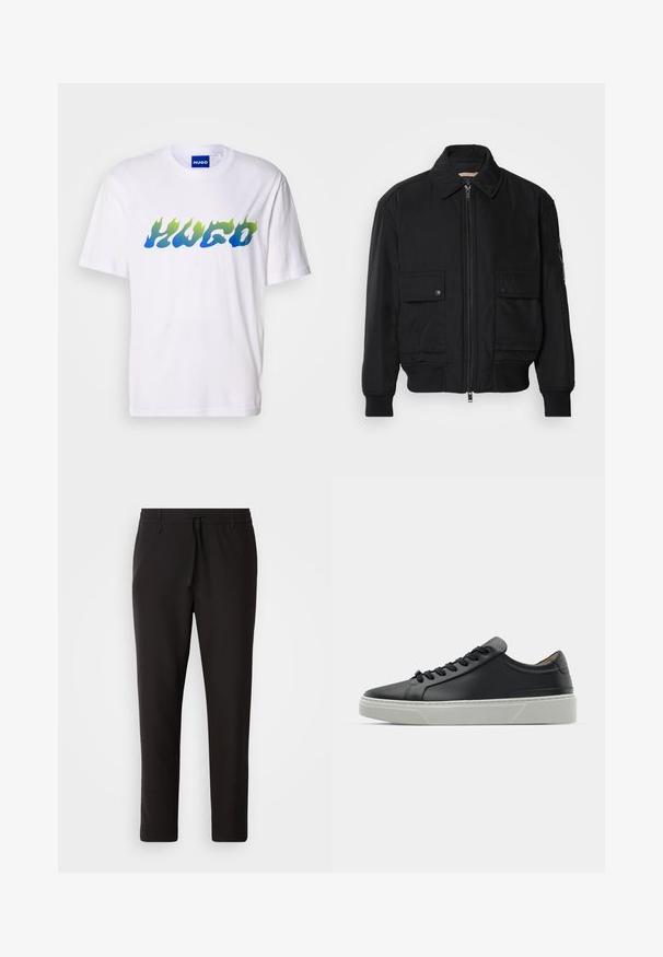 Black bomber jacket made of smooth, lightweight fabric. Features a zip front, two buttoned chest pockets, and ribbed cuffs.; White short-sleeve t-shirt with blue and green flame-style "HUGO" text across the chest, round neckline, and blue inner label.; Black jogger pants made of smooth fabric. Feature an elastic waistband with a drawstring, tapered legs, and no visible pockets. Simple design.; Black leather sneaker with a smooth texture, round toe, and black laces. Features a thick, white rubber sole with subtle geometric accents.