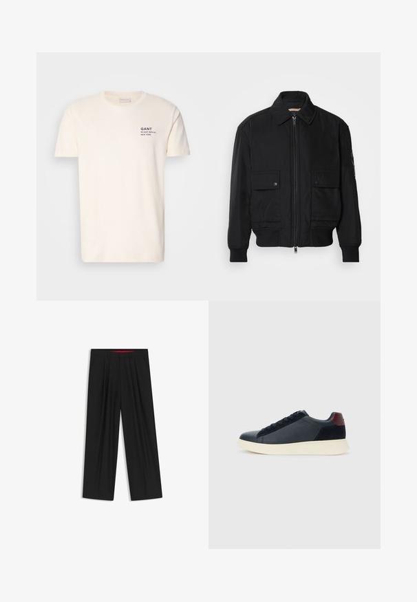 Giacca bomber nera realizzata in tessuto morbido e leggero. Caratterizzata da una chiusura con zip frontale, due tasche sul petto con bottone e polsini a costine.; T-shirt in cotone color crema con colletto rotondo, maniche corte e una piccola stampa blu navy sul petto che recita "GANT 32 EAST 39TH ST. NEW YORK."; Pantaloni neri a gamba larga con fronte piatto, due tasche laterali, design plissettato e un elastico in vita di colore rosso a contrasto.; Sneaker da uomo a basso profilo in pelle nera e suede con linguetta sul tallone color bordeaux e suola in gomma bianca, vista dal lato esterno.