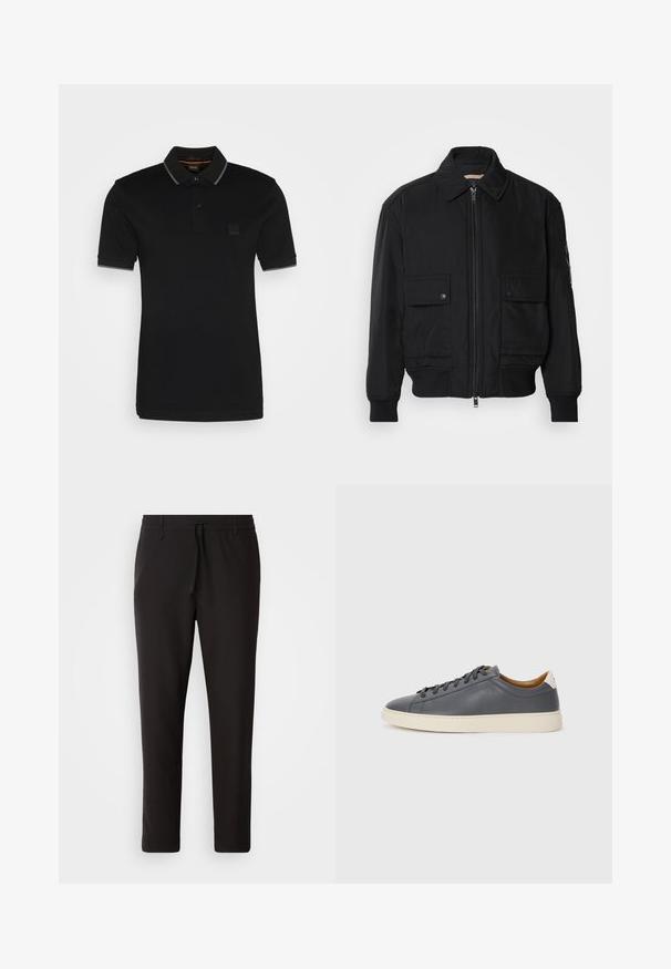 Melnā bomber jaka, izgatavota no gludas, vieglas auduma. Ar rāvējslēdzēju priekšā, diviem pogājamiem krūšu kabatām un ribotām piedurknēm.; Melnā polo krekla izgatavots no kokvilnas, tam ir apkakle ar pelēkiem akcentiem, divas pogas un neliela zīmola plāksnīte uz krūšu.; Melnas sporta bikses no gludas auduma. Tām ir elastīga josta ar auklu, sašaurinātas kājas un nav redzamu kabatu. Vienkāršs dizains.; Pelēki ādas sporta apavi ar apaļu purngalu, gumijas zoli, plakanu auklu un gaišiem akcentiem uz papēža. Gluda tekstūra un minimālistisks dizains.