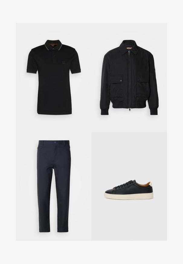 Čierna bomber bunda vyrobená z hladkej, ľahkej látky. Má zips na prednej strane, dve gombíkové vrecká na hrudi a ribbované manžety.; Čierne polo tričko vyrobené z bavlny, s golierom so sivými akcentmi, dvoma gombíkmi a malou značkovou nášivkou na hrudi.; Námornícky modré nohavice so strihom, vyrobené z hladkého materiálu, s vreckom na zips, rovnými nohavicami a gombíkovým zapínaním na páse.; Čierne kožené tenisky s hladkou textúrou, béžová gumová podrážka, viazanie a kontrastný akcent na päte.