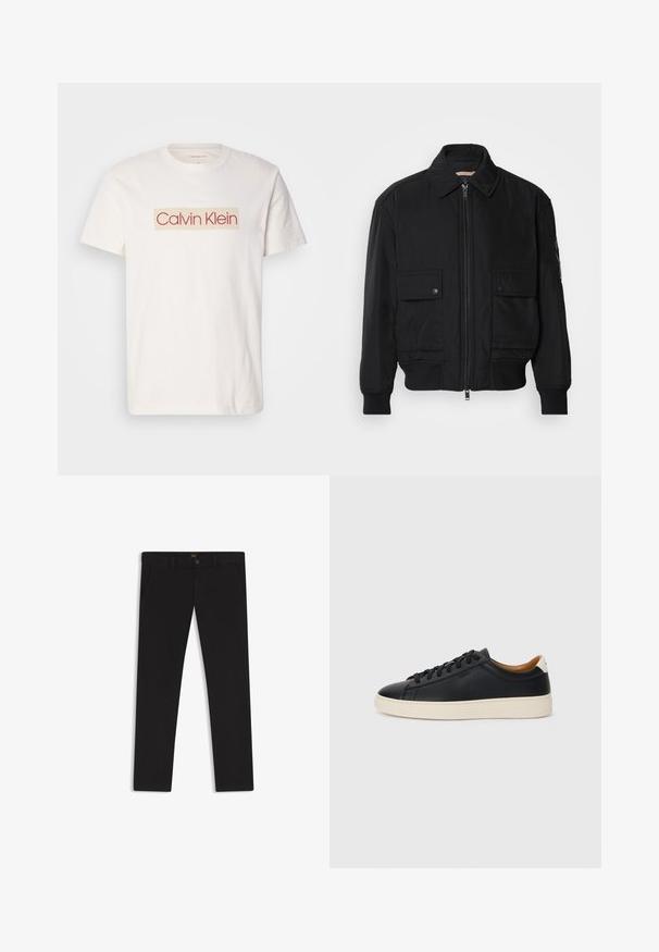 Giacca bomber nera realizzata in tessuto morbido e leggero. Caratterizzata da una chiusura con zip frontale, due tasche sul petto con bottone e polsini a costine.; T-shirt bianco in cotone con un logo quadrato con "Calvin Klein" in rosso e beige. Maniche corte e design a collo rotondo.; Pantaloni neri realizzati in tessuto con una superficie liscia. Presentano una chiusura con bottone, passanti per cintura e tasche laterali. Design a gamba dritta standard.; Sneakers in pelle nera con una texture liscia, suola in gomma beige, design con lacci e un accento del tacco in contrasto.