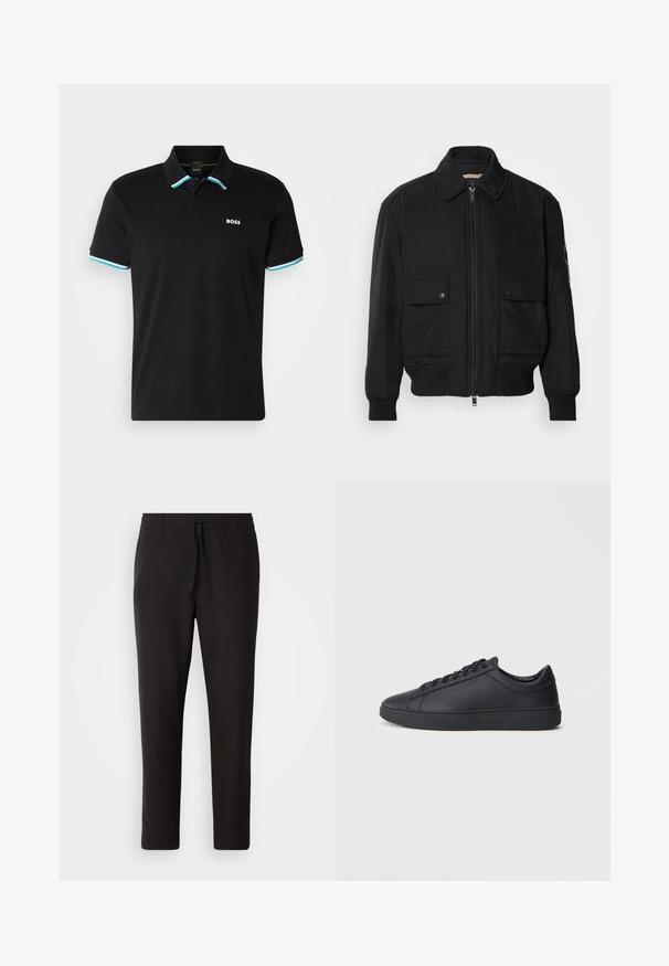 Jachetă bomber neagră, fabricată dintr-un material neted și ușor. Dispune de un fermoar frontal, două buzunare cu nasturi pe piept și manșete ribbrate.; Polo negru cu accente contrastante de turcoaz la guler și la mâneci. Dispune de un guler cu două nasturi și un mic logo pe piept.; Pantaloni de jogging negri, confecționați dintr-un material neted. Prezintă un talie elastică cu șnur, picioare conice și fără buzunare vizibile. Design simplu.; Adidași negri din piele netedă, cu un design low-top, vârf rotund și talpă plată din cauciuc. Au șireturi și un branding subtil.