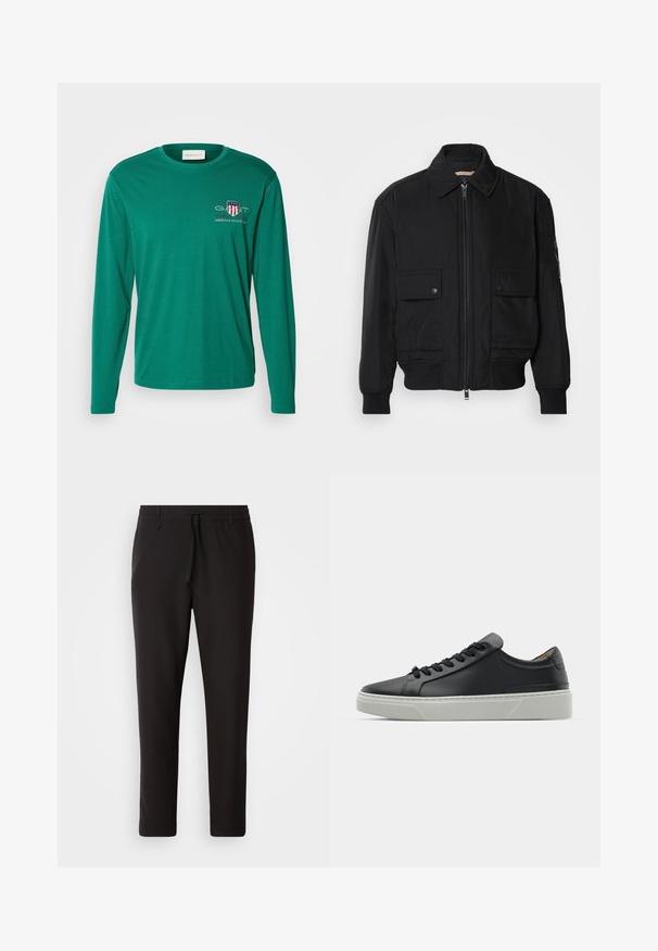 Black bomber jacket made of smooth, lightweight fabric. Features a zip front, two buttoned chest pockets, and ribbed cuffs.; GANT MEDIUM ARCHIVE SHIELD - Long sleeved top - deep forest green; Black jogger pants made of smooth fabric. Feature an elastic waistband with a drawstring, tapered legs, and no visible pockets. Simple design.; Black leather sneaker with a smooth texture, round toe, and black laces. Features a thick, white rubber sole with subtle geometric accents.