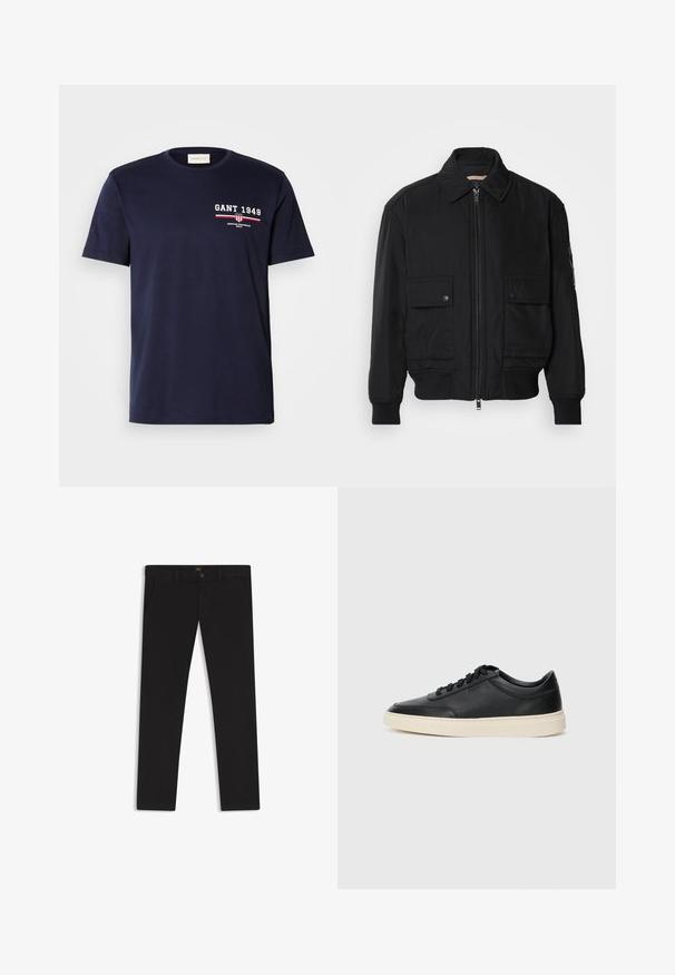 Zwarte bomberjack gemaakt van soepel, lichtgewicht materiaal. Voorzien van een ritssluiting aan de voorkant, twee knoopsluitingen op de borstzakken en geribbelde manchetten.; Marineblauw katoenen t-shirt met een wit "GANT 1949" logo en rode accenten, ronde hals, korte mouwen, gladde textuur, basic fit.; Zwarte broek van stof met een gladde textuur. Bevat een knoopsluiting, riemlussen en zijzakken. Standaard straight-leg ontwerp.; Zwarte leren sneaker met lage schacht, zwarte veters en off-white zool, weergegeven in zijprofiel op een witte achtergrond.