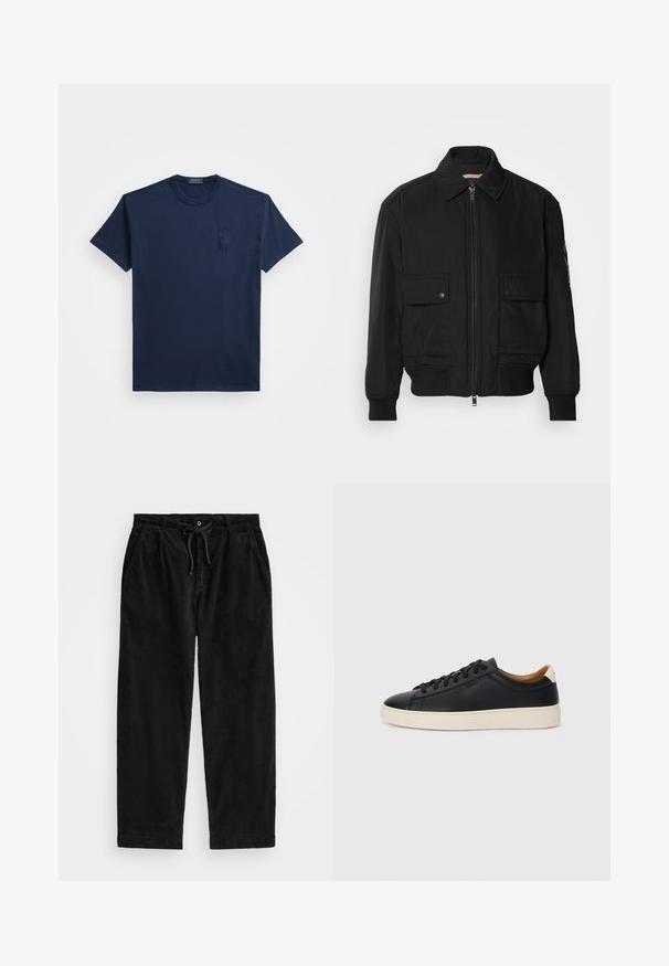 Jaqueta bomber preta feita de um tecido liso e leve. Apresenta um fecho zip à frente, dois bolsos no peito com botão e punhos canelados.; T-shirt de algodão azul marinho com mangas curtas, gola redonda e um logótipo bordado discreto no peito esquerdo. Textura suave, design básico.; Calças de veludo cotelê pretas com um ajuste relaxado, apresentando uma cintura elástica com cordão e bolsos laterais. O tecido apresenta uma textura canalizada.; Tenis de couro preto com uma textura suave, sola de borracha bege, design de atar e um destaque no calcanhar em contraste.