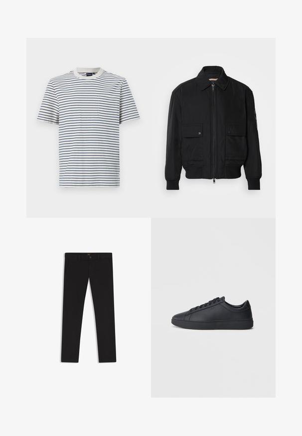 Black bomber jacket made of smooth, lightweight fabric. Features a zip front, two buttoned chest pockets, and ribbed cuffs.; Striped t-shirt in white and navy, short sleeves, crew neck, features a pocket on the left chest. Made from soft cotton fabric.; Black trousers made of fabric with a smooth texture. Features a button closure, belt loops, and side pockets. Standard straight-leg design.; Black sneakers made of smooth leather with a low-top design, round toe, and flat rubber sole. Features laces and subtle branding.
