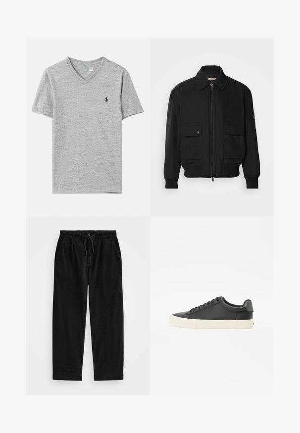 Svart bomberjacka gjord av mjukt, lättviktigt tyg. Har dragkedja fram, två knappade bröstfickor och ribbade ärmslut.; Grå bomulls t-shirt med v-hals och korta ärmar samt en liten svart logotyp på vänster bröst. Mjuk textur och avslappnad design.; Svarta kordflamsbyxor med en avslappnad passform, med ett elastiskt midjeband och dragsko, samt sidofickor. Tyget har en ribbad struktur.; Svarta lädersneakers med en texturerad yta, vit gummisula, rund tå och grönt inslag vid hälen. Design med snörning genom sex öglor.