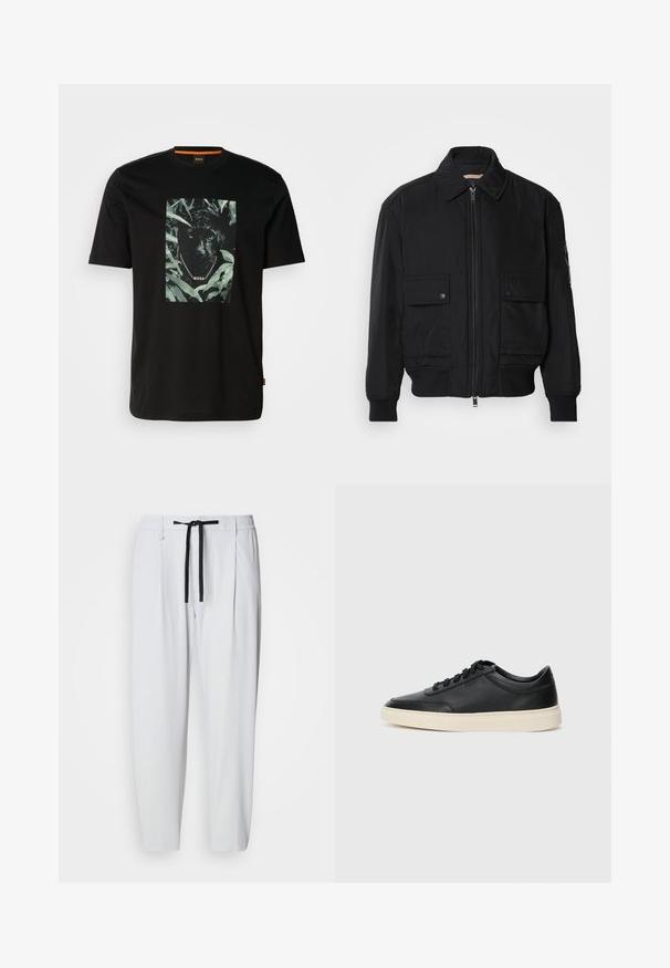 Melnā bomber jaka, izgatavota no gludas, vieglas auduma. Ar rāvējslēdzēju priekšā, diviem pogājamiem krūšu kabatām un ribotām piedurknēm.; Melnas kokvilnas T-krekls ar centrālo attēlu - pantera, ko apkārt ieskauj lapas, ar ķēdes apkakli un "BOSS" tekstu. Īsas piedurknes.; Baltas sašaurināts bikses ar melnu auklu, elastīgu jostasvietu, sānu kabatām un jostas cilpām, novietotas uz vienkārša fona.; Melnas zemas ādas sporta kurpes ar melnām auklām un off-white zoli, rādītas no sānu profila uz baltā fona.