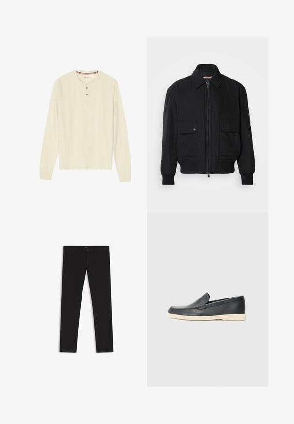 Black bomber jacket made of smooth, lightweight fabric. Features a zip front, two buttoned chest pockets, and ribbed cuffs.; Long-sleeve henley shirt in lightweight cream fabric. Features three-button placket and red and blue striped neckband. Raglan sleeves.; Black trousers made of fabric with a smooth texture. Features a button closure, belt loops, and side pockets. Standard straight-leg design.; Black leather slip-on loafers with a textured finish and a contrasting beige rubber sole. Features a subtle accent along the front.