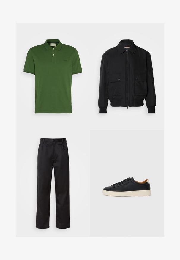Černá bomber bunda vyrobená z hladkého, lehkého materiálu. Má zipový přední díl, dvě kapsy na hrudi s knoflíky a vroubkované manžety.; Zelené polo tričko vyrobené z bavlny, se dvěma knoflíky na límci, krátkými rukávy a kontrastním lemem na límci a rukávech. Vyšívané logo.; Černé kalhoty vyrobené z hladké tkaniny, se zapínáním na přední knoflík, sklady a rovnými nohavicemi. Bez viditelných vzorů nebo doplňků.; Černé kožené tenisky s hladkým povrchem, béžovou gumovou podešví, šněrovacím designem a kontrastním akcentem na patě.