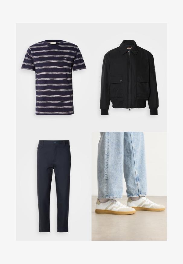 Juodas bomber stiliaus švarkas, pagamintas iš sklandaus, lengvo audinio. Su užtrauktuku priekyje, dviem kišenėmis su sagomis ant krūtinės ir guma apykaklėje.; Tamsiai mėlyna trumpomis rankovėmis marškinėliai su horizontaliomis baltomis ir šviesiai pilkomis juostelėmis; turi mažą logotipą krūtinės srityje. Minkšta medvilnė.; Tamsiai mėlynos pritaikytos kelnės, pagamintos iš sklandžios medžiagos, su užtrauktuku užsegama kišene, tiesiomis kojomis ir mygtuko užsegimu juosmens srityje.; Baltos sportbačiai su smėlio spalvos zomšos akcentais ir šviesiais gumos padais; turi žemą dizainą ir tekstūruotą apdailą viršuje.