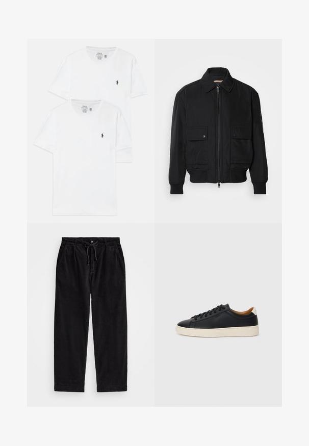 Melnā bomber jaka, izgatavota no gludas, vieglas auduma. Ar rāvējslēdzēju priekšā, diviem pogājamiem krūšu kabatām un ribotām piedurknēm.; Divas baltas kokvilnas T-krekli ar īsām piedurknēm, uz krūšu daļas ar mazu tumši zilu logotipu un klasisku apaļu kakla izgriezumu.; Melnas korduroja bikses ar brīvu piegriezumu, ar elastīgu jostu un auklu, kā arī sānu kabatām. Audumam ir ribota tekstūra.; Melni ādas sporta apavi ar gludu tekstūru, bēša krāsas gumijas zole, auklu aizdare un kontrastējošs papēža akcents.