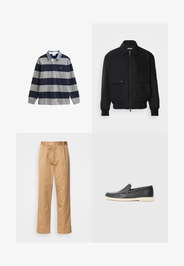 Juodas bomber stiliaus švarkas, pagamintas iš sklandaus, lengvo audinio. Su užtrauktuku priekyje, dviem kišenėmis su sagomis ant krūtinės ir guma apykaklėje.; Polo marškinėliai ilgomis rankovėmis, tamsiai mėlynos ir pilkos spalvų dryžuoti, su šviesiai mėlynu apykakle ir logotipu ant krūtinės. Medvilnės audinys su minkšta tekstūra.; Kaki kelnės, medvilnės mišinys, tiesaus kirpimo dizainas, priekiniai raukiniai, diržo kilpos ir mygtuko uždarymas. Lygus audinys be raštų.; Juodi odiniai batus be raištelių, turintys tekstūruotą paviršių ir kontrastingą smėlio spalvos gumos padai. Yra subtilus akcentas priekyje.