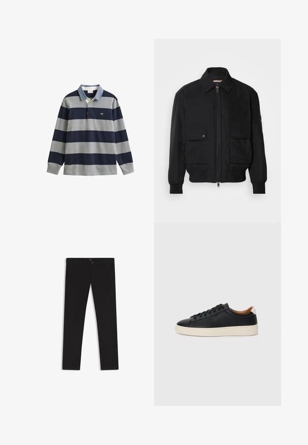 Zwarte bomberjack gemaakt van soepel, lichtgewicht materiaal. Voorzien van een ritssluiting aan de voorkant, twee knoopsluitingen op de borstzakken en geribbelde manchetten.; Polo met lange mouwen met marineblauwe en grijze strepen, een lichtblauwe kraag en een logo op de borst. Gemaakt van katoenen stof met een zachte textuur.; Zwarte broek van stof met een gladde textuur. Bevat een knoopsluiting, riemlussen en zijzakken. Standaard straight-leg ontwerp.; Zwarte leren sneakers met een gladde textuur, beige rubberen zool, vetersluiting en een contrasterende hielaccent.