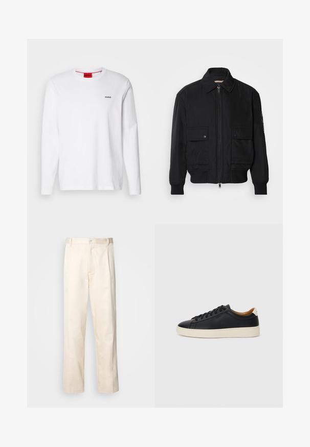 Černá bomber bunda vyrobená z hladkého, lehkého materiálu. Má zipový přední díl, dvě kapsy na hrudi s knoflíky a vroubkované manžety.; Bílá dlouhá košile s dlouhým rukávem z bavlny, s kulatým výstřihem, černým logem "HUGO" na levé části hrudi a hladkým povrchem.; Bežové bavlněné kalhoty se střihy rovného nohavice, s knoflíkovým zapínáním a záhyby vpředu pro zvýraznění detailu.; Černé kožené tenisky s hladkým povrchem, béžovou gumovou podešví, šněrovacím designem a kontrastním akcentem na patě.