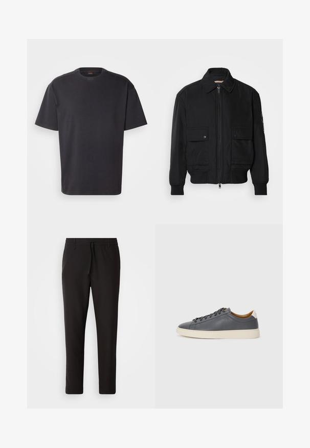Jaqueta bomber preta feita de um tecido liso e leve. Apresenta um fecho zip à frente, dois bolsos no peito com botão e punhos canelados.; T-shirt preto de mangas curtas feito de algodão, com decote redondo e uma marcação discreta na gola. Textura suave com um corte descontraído.; Calças de jogging pretas feitas de tecido liso. Apresentam uma cintura elástica com cordão, pernas ligeiramente ajustadas e sem bolsos visíveis. Design simples.; Sapatilha de couro cinza com biqueira redonda, sola de borracha, atacadores planos e detalhes de cor clara no calcanhar. Textura suave e design minimalista.