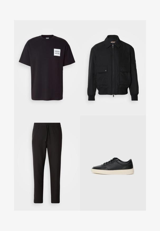 Black bomber jacket made of smooth, lightweight fabric. Features a zip front, two buttoned chest pockets, and ribbed cuffs.; Black cotton t-shirt with a crew neckline. Features a white square patch with "Barbour England" text. Relaxed fit and short sleeves.; Black jogger pants made of smooth fabric. Feature an elastic waistband with a drawstring, tapered legs, and no visible pockets. Simple design.; Black low-top leather sneaker with black laces and off-white sole shown in side profile on white background.