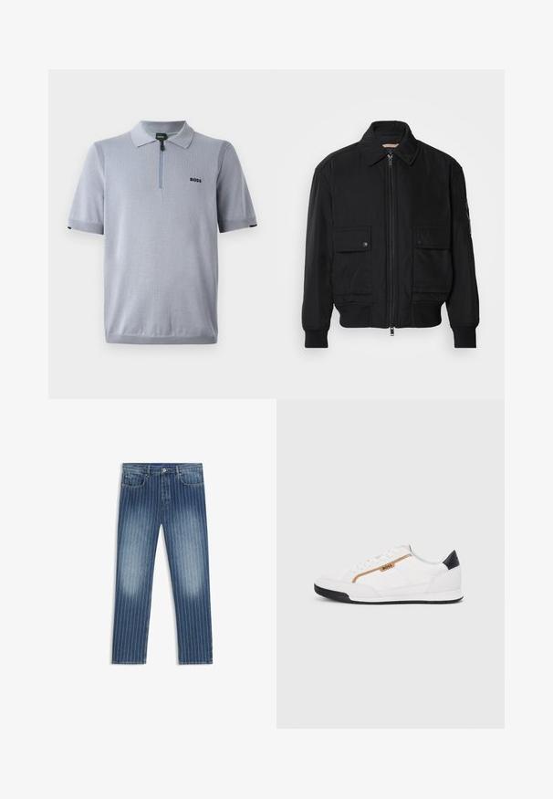 Jaqueta bomber preta feita de um tecido liso e leve. Apresenta um fecho zip à frente, dois bolsos no peito com botão e punhos canelados.; Polo de mangas curtas azul claro, feito de um material de malha macia. Apresenta um colarinho com fecho e um logo preto bordado no peito.; Calças de ganga com padrão risca de giz, na cor azul média, com zonas desbotadas, corte reto, cinco bolsos e fecho de botão metálico.; Tênis atléticos brancos com detalhes em malha e couro. Apresenta um logotipo dourado "BOSS", painéis laterais texturizados e um capô de calcanhar preto. Sola em borracha.