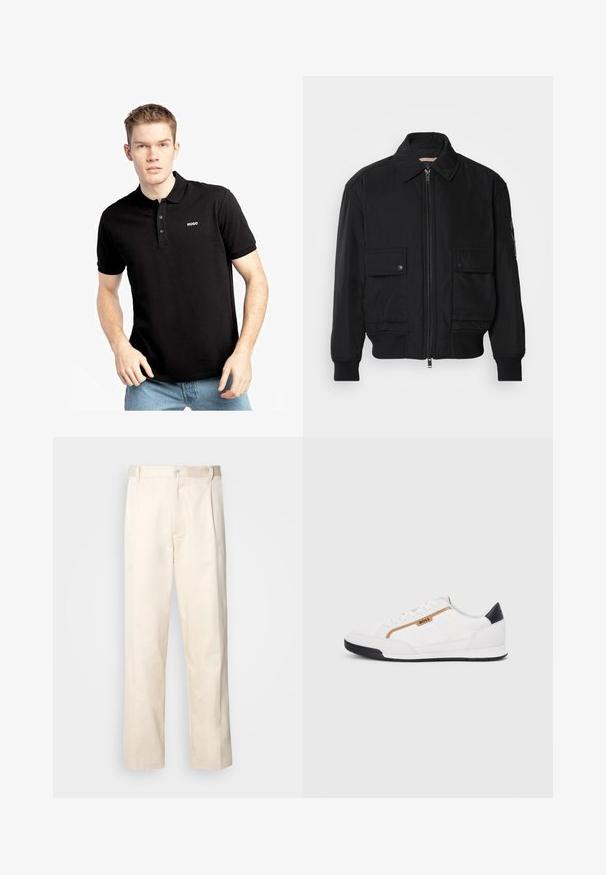 Fekete bomberdzseki sima, könnyű anyagból. Cipzáras elülső részével, két gombos mellzsebével és bordás mandzsettáival rendelkezik.; Fekete póló, gallérral, rövid ujjakkal és három gombbal. A bal mellen fehér "HUGO" logó található. Puha pamut anyagból készült.; Beige pamut nadrág egyenes szárú kivágással, gombos záródással és elülső redőkkel a részletek fokozása érdekében.; Fehér sportcipők, hálós és bőr díszítésekkel. Kiemelkedő arany "BOSS" logó, textúrázott oldalpanelekkel és fekete sarokkal. Gumi talp.