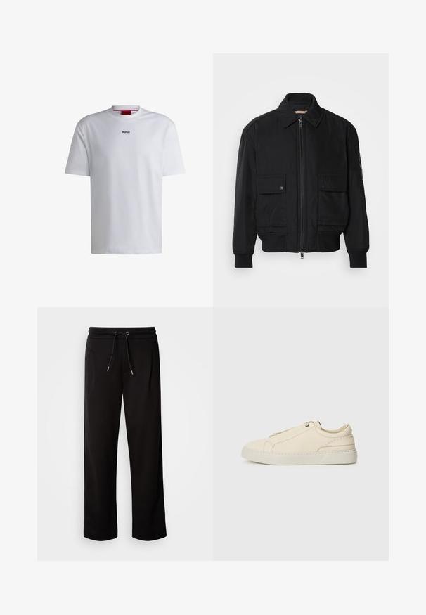 Melnā bomber jaka, izgatavota no gludas, vieglas auduma. Ar rāvējslēdzēju priekšā, diviem pogājamiem krūšu kabatām un ribotām piedurknēm.; Balta kokvilnas T-kreklu ar īsām piedurknēm, apaļu kakla izmēru un melnu "HUGO" logo uz krūtīm. Gluda tekstūra, ikdienišķs piegriezums, bez rakstiem.; Melni, brīvi pieguļoši sporta bikses, izgatavotas no mīksta auduma, ar elastīgu jostu un auklu, kā arī sānu kabatām.; Bežīga ādas kedas ar noapaļotu purngalu, minimālistisku dizainu, smalkiem stīgām un teksturētu virsmu uz gaišas zoles.