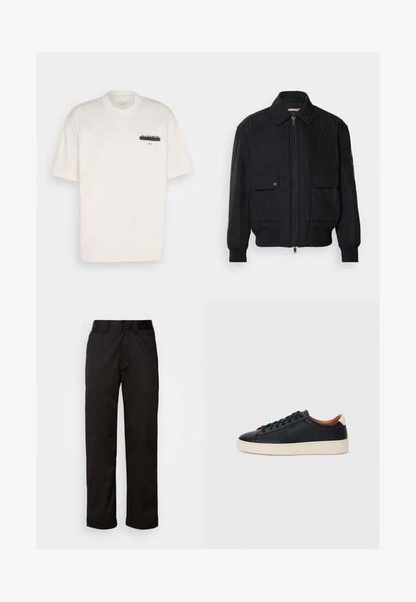 Sort bomberjakke lavet af glat, letvægtsstof. Har lynlås foran, to knap-lukkede brystlommer og ribbede manchetter.; Hvid bomulds t-shirt med korte ærmer, rund halsudskæring, og et sort grafisk print på venstre bryst med brandnavnet "All Saints."; Sorte bukser lavet af glat stof med lynlås, knaplukning og opsmøgede nedenkanter for et afslappet design.; Sorte lædersneakers med en glat overflade, beige gummisål, snørebåndsdesign og en kontrastfarvet hæl.