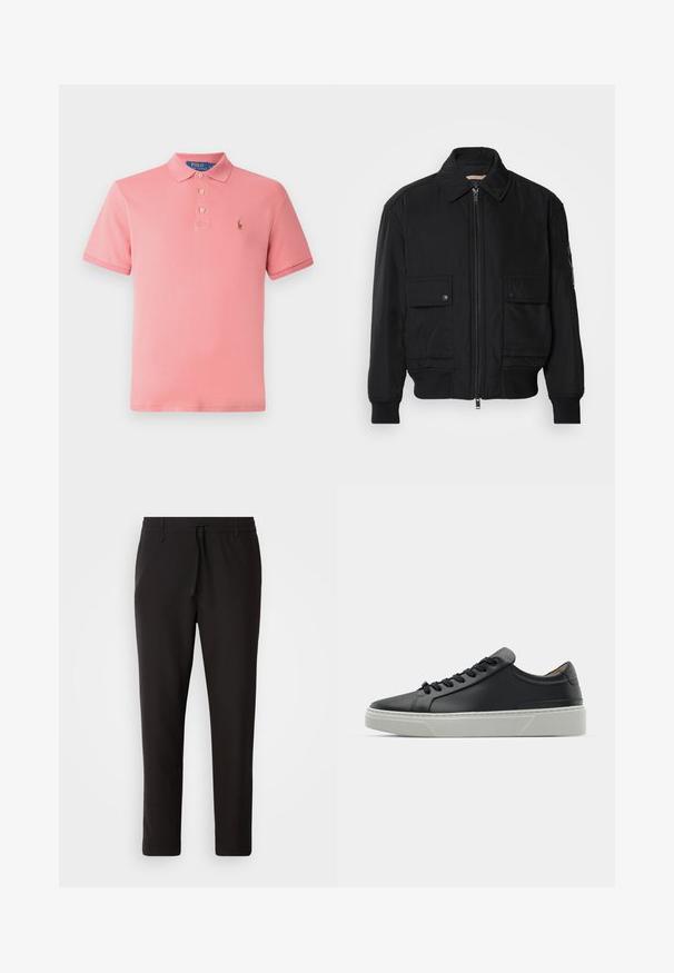 Veste bomber noire en tissu lisse et léger. Dotée d'une fermeture éclair à l'avant, de deux poches poitrines boutonnées et de poignets côtelés.; Polo rose en coton. Doté d'un col classique, d'une patte de boutonnage à trois boutons et d'un logo brodé sur le côté gauche de la poitrine. Manches courtes.; Pantalons de jogging noirs en tissu lisse. Dotés d'une taille élastique avec cordon de serrage, jambes fuselées, et sans poches visibles. Design simple.; Sneaker en cuir noir avec une texture lisse, bout rond et lacets noirs. Présente une semelle épaisse en caoutchouc blanc avec des accents géométriques subtils.