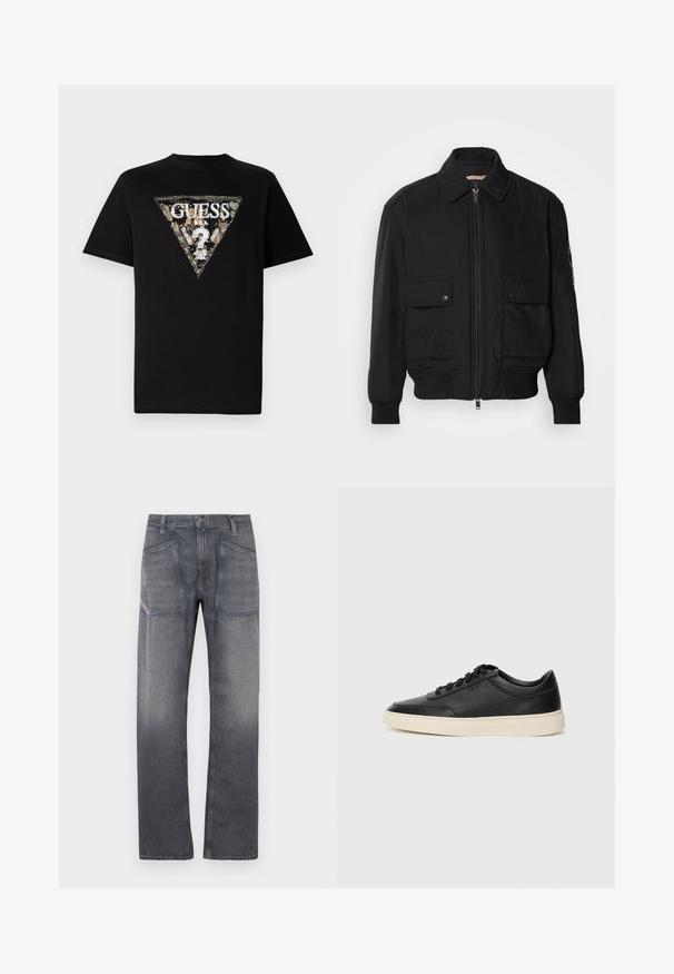 Crna bomberska jakna od glatkog, laganog materijala. Ima zatvarač sprijeda, dva gumbasta džepa na prsima i rebraste manžete.; Crna pamučna majica s trokutastim printanim logotipom u zlatu i bijeloj boji s cvjetnim akcentima i tekstom "GUESS" u središtu.; Sive traperice ravnog kroja. Imaju dva prednja džepa s kontrastnim šavovima i pojas s metalnim kopčanjem.; Crne niske kožne tenisice s crnim vezicama i kremasto bijelom potplatom prikazane u bočnom profilu na bijeloj pozadini.