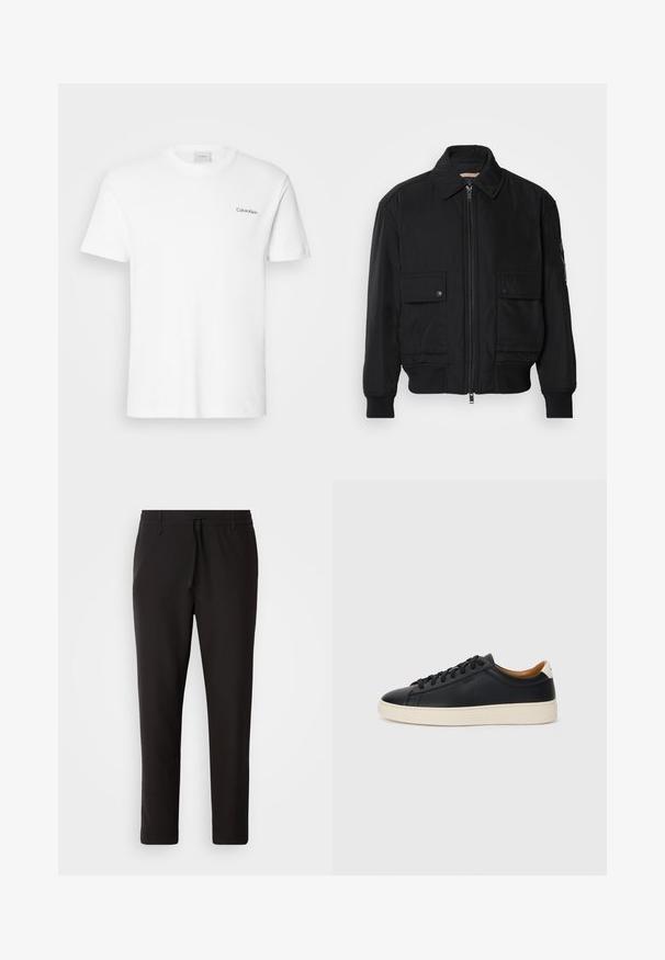 Black bomber jacket made of smooth, lightweight fabric. Features a zip front, two buttoned chest pockets, and ribbed cuffs.; White cotton T-shirt with short sleeves and a crew neckline. Features a small black "Calvin Klein" logo on the left chest.; Black jogger pants made of smooth fabric. Feature an elastic waistband with a drawstring, tapered legs, and no visible pockets. Simple design.; Black leather sneakers with a smooth texture, beige rubber sole, lace-up design, and a contrasting heel accent.