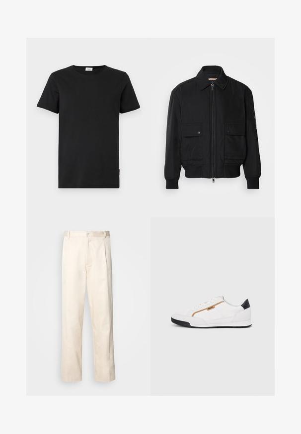 Čierna bomber bunda vyrobená z hladkej, ľahkej látky. Má zips na prednej strane, dve gombíkové vrecká na hrudi a ribbované manžety.; Čierne bavlnené tričko s okrúhlym výstrihom, krátkymi rukávmi a rovnými strihom. Obsahuje malú červenú akcentovú nálepku na spodnej strane.; Béžové bavlnené nohavice so strihom rovného nohu, s gombíkovým zapínaním a záhybmi vpredu pre pridanie detailu.; Biele športové topánky s akcentmi z korku a kože. Obsahujú zlaté logo "BOSS", textúrované bočné panely a čierny pätník. Gumová podrážka.
