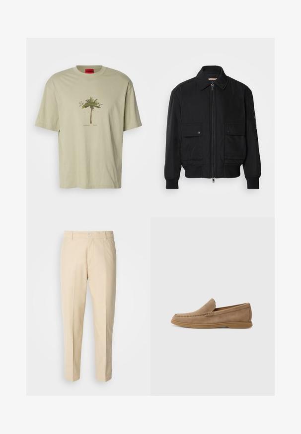 Czarna kurtka bombowiec wykonana z gładkiego, lekkiego materiału. Posiada zamek błyskawiczny z przodu, dwie kieszenie na piersi zapinane na guziki oraz ściągacze przy mankietach.; Jasnozielona bawełniana koszulka z grafiką palm palmowy i napisem. Okrągły dekolt, krótkie rękawy, luźny krój, czerwona metka marki przy kołnierzyku.; Jasno beżowe spodnie chino o prostym kroju, gładka struktura materiału, z zapięciem na guziki z przodu i dwoma bocznymi kieszeniami.; Brązowe zamszowe mokasyny wsuwane o gładkiej fakturze i przeszyciach; mają gumową podeszwę zapewniającą przyczepność.
