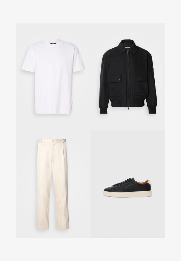 Černá bomber bunda vyrobená z hladkého, lehkého materiálu. Má zipový přední díl, dvě kapsy na hrudi s knoflíky a vroubkované manžety.; Bílý bavlněný tričko s krátkými rukávy, kulatým výstřihem a rovný střih. Štítek na boku nese název značky. Hladká textura, minimalistický design.; Bežové bavlněné kalhoty se střihy rovného nohavice, s knoflíkovým zapínáním a záhyby vpředu pro zvýraznění detailu.; Černé kožené tenisky s hladkým povrchem, béžovou gumovou podešví, šněrovacím designem a kontrastním akcentem na patě.
