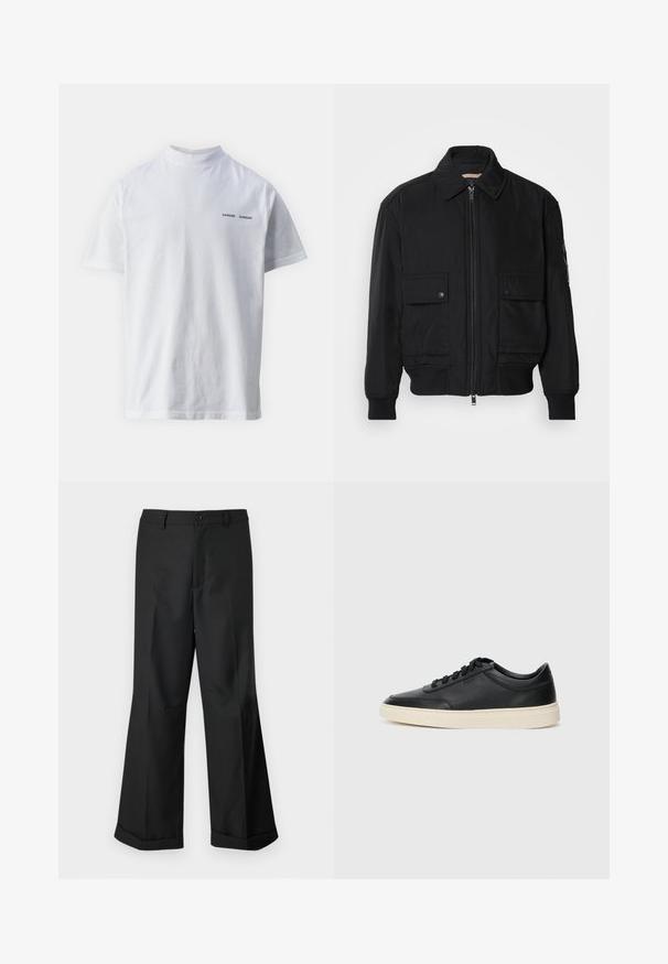 Juodas bomber stiliaus švarkas, pagamintas iš sklandaus, lengvo audinio. Su užtrauktuku priekyje, dviem kišenėmis su sagomis ant krūtinės ir guma apykaklėje.; Balta medvilninė marškinėliai su aukštu kaklu ir trumpomis rankovėmis. Priekyje yra juodas "SAMSØE SAMSØE" logotipas. Lygus paviršius.; Juodos plačios kelnės su mygtukų juosmeniu ir raukšlėmis, eksponuojamos prieš paprastą baltą foną.; Juoda žema viršutinė odinė sportbačiai su juodais raišteliais ir kreminiu padu, pateikti šoniniame profilyje ant baltos fono.