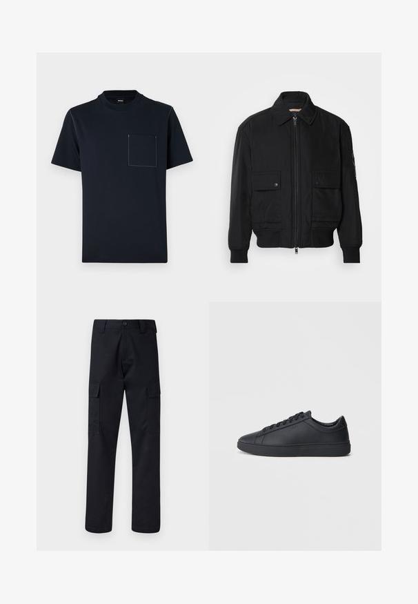 Črna bomberska jakna iz gladkega, lahkega materiala. Ima zadrgo spredaj, dva žepa na prsih s preklopom in rebraste manšete.; Temno modra majica s kratkimi rokavi iz bombaža z okroglim izrezom in sprednjim žepom, ki ima kontrastne bele šive.; Črne cargo hlače iz trpežnega blaga, z ravnim krojem, dvema stranskima žepoma in gumbom za zapiranje na pasu.; Črne superge iz gladkega usnja z nizkim dizajnom, okroglo konico in ravnim gumijastim podplatom. Imajo vezalke in subtilno blagovno znamko.