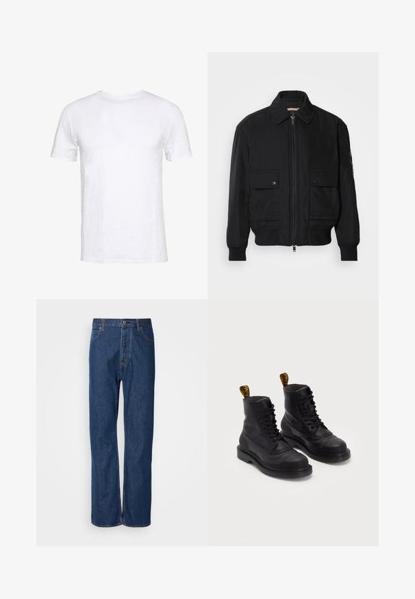 Melnā bomber jaka, izgatavota no gludas, vieglas auduma. Ar rāvējslēdzēju priekšā, diviem pogājamiem krūšu kabatām un ribotām piedurknēm.; Balts īsām piedurknēm T-krekls, izgatavots no mīkstas kokvilnas, ar apaļu kakla izgriezumu, vienkāršs dizains un taisna piegriezuma, piemērots ikdienas valkāšanai.; Zili zili džinsi ar taisnu kāju dizainu, ar pogu aizdari, piecām kabatām un kontrastējošām šuvēm.; Melnas ādas potītes zābaki ar apaļiem pirkstiem, auklām priekšpusē, mīkstinātu apkaklīti un gumijas zoli. Dzelteni cilpas aizmugurē, lai viegli uzvilktu.