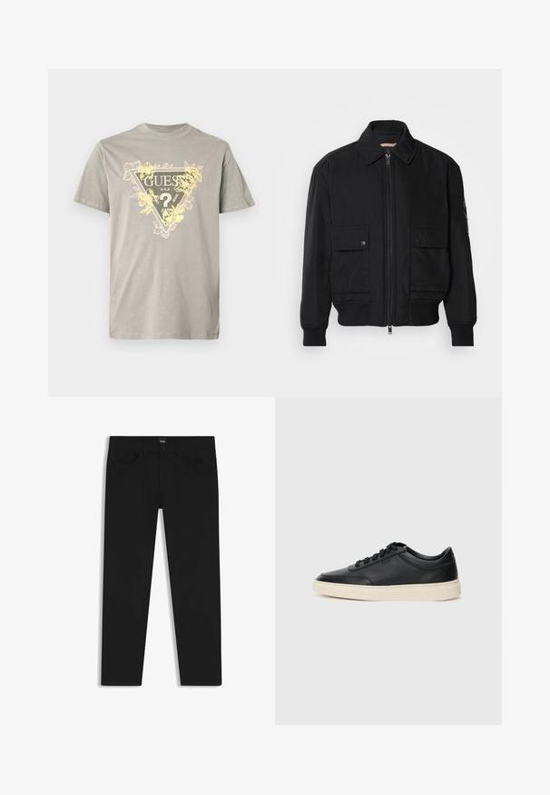 Schwarze Bomberjacke aus glattem, leichtem Stoff. Mit einem Reißverschluss vorne, zwei aufknöpfbaren Brusttaschen und gerippten Bündchen.; Graues Baumwoll-T-Shirt mit einem dreieckigen Grafikmotiv mit der Aufschrift "GUESS" und gelben Blumenakzenten. Rundhalsausschnitt, kurze Ärmel und normale Passform.; Schwarze Denim-Hosen mit geradem Schnitt, ausgestattet mit einem Standardbund, fünf Taschen und einem Knopfverschluss. Angenehme, glatte Textur.; Schwarzer niedriger Ledersneaker mit schwarzen Schnürsenkeln und cremefarbenem Sohlenrand, seitlich auf weißem Hintergrund dargestellt.