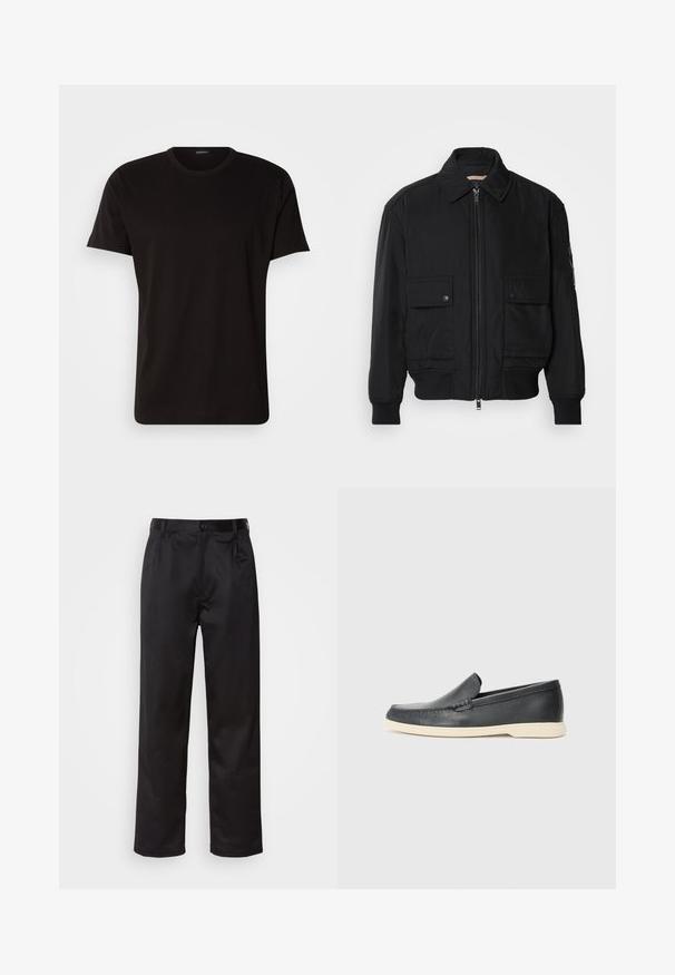 Jaqueta bomber preta feita de um tecido liso e leve. Apresenta um fecho zip à frente, dois bolsos no peito com botão e punhos canelados.; T-shirt de algodão preto com um corte regular, mangas curtas e gola redonda. Textura suave sem padrões ou detalhes visíveis.; Calças pretas feitas de um tecido suave, com fecho frontal por botão, pregas e pernas retas. Sem padrões ou acentos visíveis.; Mocassins pretos em couro com acabamento texturizado e sola de borracha bege em contraste. Apresenta um detalhe subtil na parte da frente.