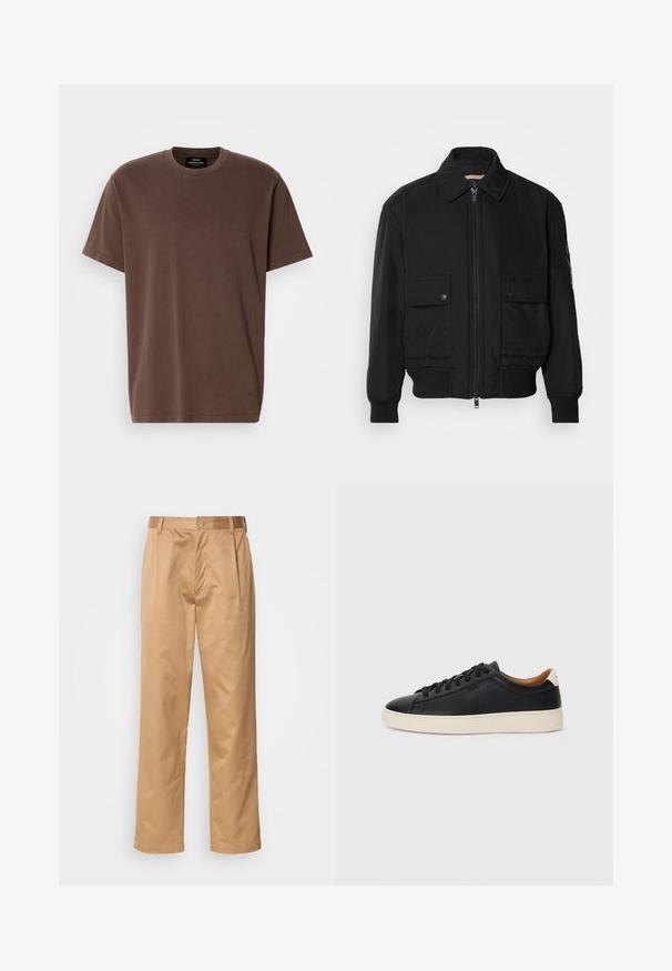 Crna bomberska jakna od glatkog, laganog materijala. Ima zatvarač sprijeda, dva gumbasta džepa na prsima i rebraste manžete.; Smeđa kratka majica s kratkim rukavima i okruglim izrezom s malim logotipom blizu donjeg ruba i oznakom branda unutar izreza, prikazana na bijeloj pozadini.; Khač pantaloni, mješavina pamuka, ravnog kroja, s prednjim nabora, petljama za remen i kopčanjem na gumb. Glatka tekstura bez uzoraka.; Crne kožne tenisice s glatkom teksturom, bež gumeni đon, dizajn s vezicama i kontrastni detalj na peti.