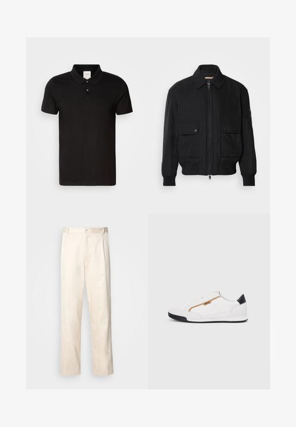 Jaqueta bomber preta feita de um tecido liso e leve. Apresenta um fecho zip à frente, dois bolsos no peito com botão e punhos canelados.; Polo preto feito de tecido suave com colarinho clássico. Apresenta dois botões no pescoço, mangas curtas e um logótipo discreto no peito.; Calças de algodão bege com corte reto, apresentando um fecho de botão e pregas na frente para um detalhe adicional.; Tênis atléticos brancos com detalhes em malha e couro. Apresenta um logotipo dourado "BOSS", painéis laterais texturizados e um capô de calcanhar preto. Sola em borracha.