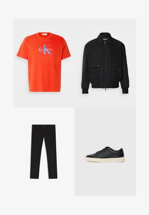 Black bomber jacket made of smooth, lightweight fabric. Features a zip front, two buttoned chest pockets, and ribbed cuffs.; Red cotton t-shirt with short sleeves featuring a blue "Calvin Klein" logo and "CK" design on the front. Simple crew neck.; Black trousers made of fabric with a smooth texture. Features a button closure, belt loops, and side pockets. Standard straight-leg design.; Black low-top leather sneaker with black laces and off-white sole shown in side profile on white background.
