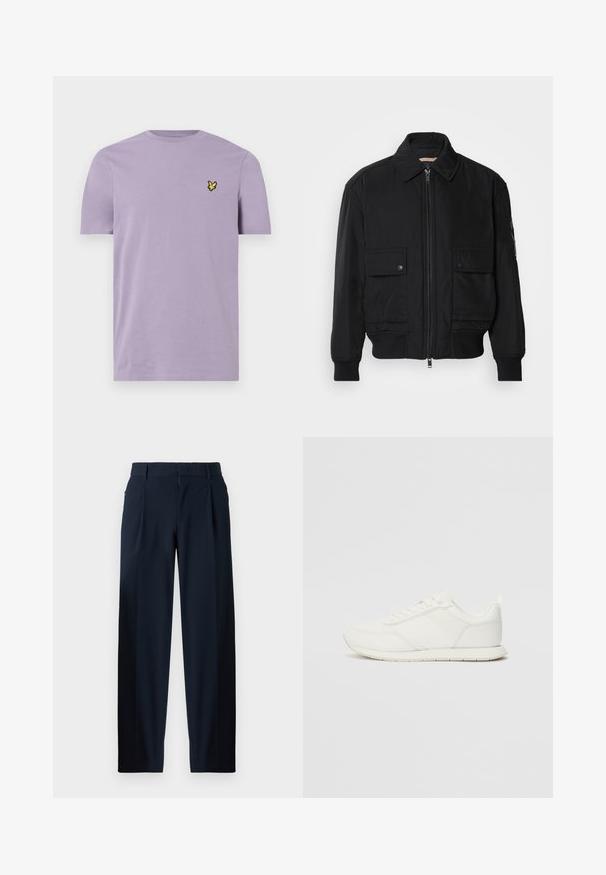 Černá bomber bunda vyrobená z hladkého, lehkého materiálu. Má zipový přední díl, dvě kapsy na hrudi s knoflíky a vroubkované manžety.; Fialové bavlněné tričko s krátkým rukávem a kulatým výstřihem. Na levé straně hrudi je malý žlutý vyšitý ptáček.; Námořnické modré kalhoty s hladkou strukturou, širokým střihem, předními plisovanými záhyby, poutky na opasek a zapínáním na zip. Vhodné pro formální nebo neformální nošení.; Bílé tenisky s vrchní částí z síťoviny a syntetického materiálu, kulatou špičkou, plochými tkaničkami a texturovaným bočním pruhem. Gumová podrážka s poutkem vzadu.