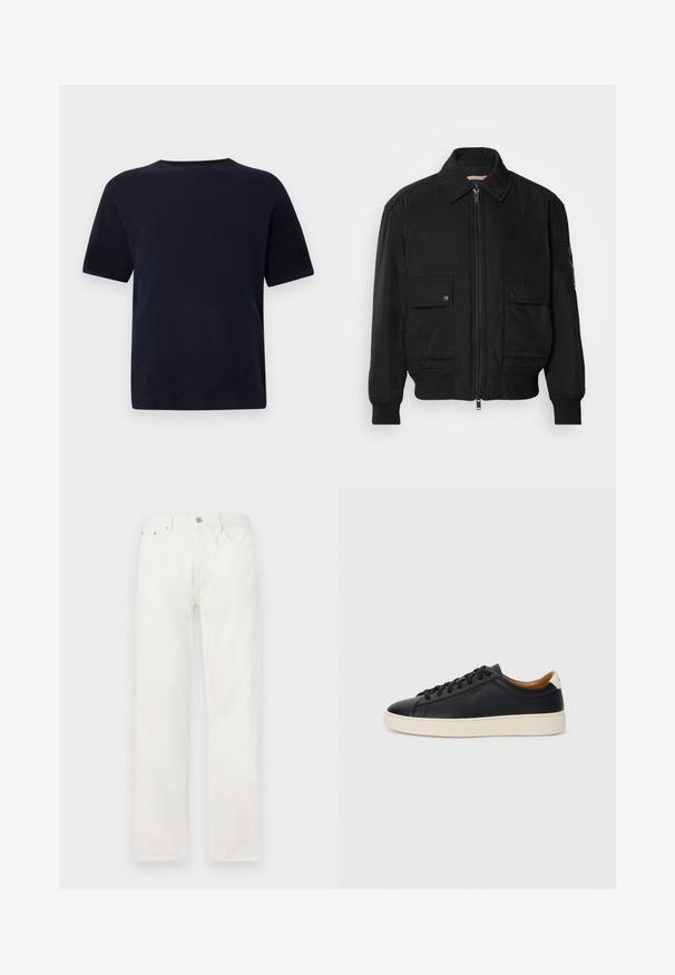 Musta pommijakku, joka on valmistettu sileästä, kevyestä kankaasta. Varusteena vetoketjukiinnitys, kaksi napillista rintataskua ja ribbattu hihansuu.; Finnin sininen puuvillapaita, jossa on pyöreä kaula-aukko, lyhyet hihat ja suora leikkaus. Sileä pinta, ilman näkyviä kuvioita tai yksityiskohtia.; Valkoiset farkut suoranlahkeiset, joissa on napitus ja vetoketju, viisi taskua ja ilman näkyviä kuvioita tai yksityiskohtia.; Mustat nahkasneakerit, joissa on sileä pinta, beige kumipohja, nauhakiinnitys ja erottuva kanta-aksentti.