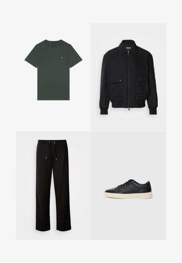 Sort bomberjakke lavet af glat, letvægtsstof. Har lynlås foran, to knap-lukkede brystlommer og ribbede manchetter.; Mørkegrøn bomuld T-shirt med rund hals og korte ærmer. Har en lille gul broderet logo på venstre bryst.; Sorte, løse sweatpants fremstillet af blødt stof, med elastisk talje og snørre samt sidelommer.; Sort lavt top lædersneaker med sorte snørebånd og off-white sål vist i sideprofil på hvid baggrund.