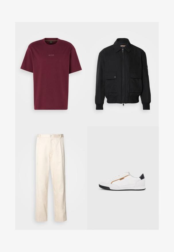 Juodas bomber stiliaus švarkas, pagamintas iš sklandaus, lengvo audinio. Su užtrauktuku priekyje, dviem kišenėmis su sagomis ant krūtinės ir guma apykaklėje.; Bordo medvilnės marškinėliai trumpomis rankovėmis, su apvalia kaklo išpjova ir subtiliu iškilniu „BOSS“ logotipu priekyje. Lygus audinys, standartinė silueto forma.; Bežinės medvilninės kelnės su tiesiu kirpimu, turinčios mygtuko uždarymą ir priekyje raukšles papildomai dekoratyviam akcentui.; Balti sportiniai bateliai su tinklinėmis ir odinėmis detalėmis. Yra auksinė "BOSS" logotipas, tekstūruoti šonai ir juodas kulno dangtelis. Guminis padas.