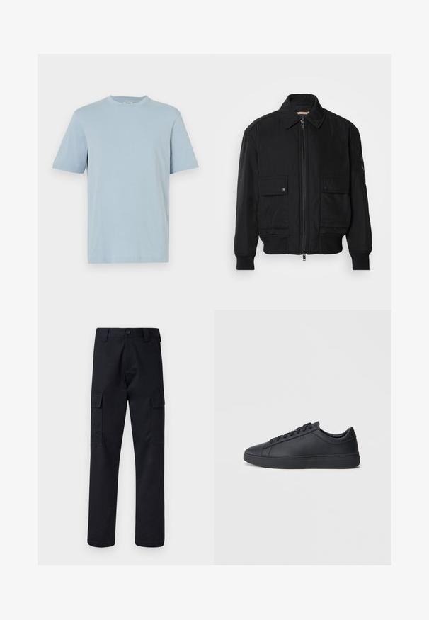 Musta pommijakku, joka on valmistettu sileästä, kevyestä kankaasta. Varusteena vetoketjukiinnitys, kaksi napillista rintataskua ja ribbattu hihansuu.; Vaaleansininen puuvillapaita, jossa on pyöreä kaula-aukko, lyhyet hihat ja suora helma. Tasainen tekstuuri ja minimalistinen muotoilu, ilman kuvioita tai yksityiskohtia.; Mustat cargo-housut, jotka on valmistettu kestävästä kankaasta, suora lahkeensuukko, kaksi sivutaskua ja napin suljenta vyötäröllä.; Mustat lenkkarit, jotka on valmistettu sileästä nahasta, matalalla varrella, pyöreällä varvalla ja tasaisella kumipohjalla. Varusteena nauhat ja huomaamaton brändäys.