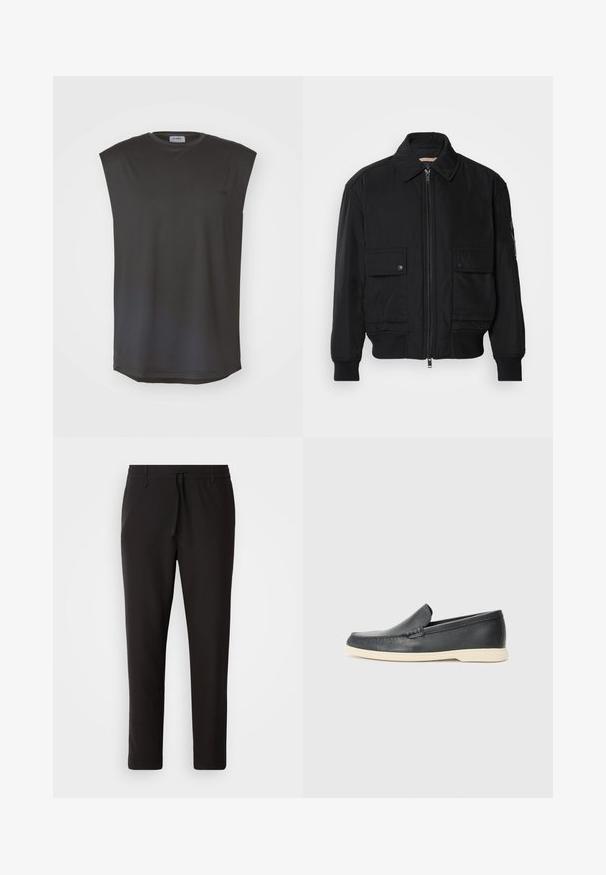 Zwarte bomberjack gemaakt van soepel, lichtgewicht materiaal. Voorzien van een ritssluiting aan de voorkant, twee knoopsluitingen op de borstzakken en geribbelde manchetten.; ICANIWILL STRIDE SLEEVELESS MEN - Top - graphite; Zwarte joggingsbroek van gladde stof. Kenmerkt zich door een elastische tailleband met een trekkoord, taps toelopende benen en geen zichtbare zakken. Eenvoudig ontwerp.; Zwarte leren instappers met een gestructureerde afwerking en een contrasterende beige rubberen zool. Beschikt over een subtiele accent langs de voorkant.