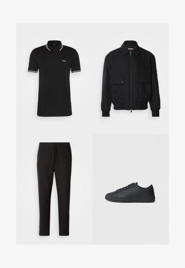 Fekete bomberdzseki sima, könnyű anyagból. Cipzáras elülső részével, két gombos mellzsebével és bordás mandzsettáival rendelkezik.; Fekete póló, pamutból készült, három gombos nyakkal, fehér logóval a bal mellrészen, és fehér csíkkal az ujjakon.; Fekete jogger nadrág sima anyagból. Rugalmas derekú, húzózsinórral, tapered lábakkal és látható zsebek nélkül készül. Egyszerű dizájn.; Fekete sportcipők sima bőrből, alacsony szárú kivitelben, kerek orral és lapos gumitalppal. Zsinóros rögzítéssel és diszkrét márkajelzéssel rendelkezik.