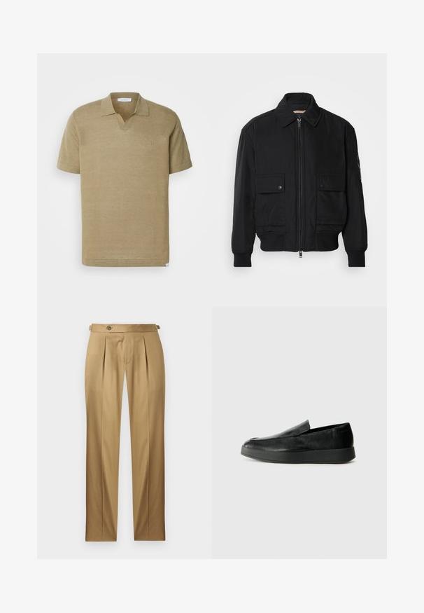 Fekete bomberdzseki sima, könnyű anyagból. Cipzáras elülső részével, két gombos mellzsebével és bordás mandzsettáival rendelkezik.; Les Deux EMMANUEL - Pólóing - surplus green; Betétes egyenes szabású bézs nadrág, redőkkel, gombos záródással és övbújtatókkal. Simább anyag, tiszta, szabott megjelenéssel.; Calvin Klein HYBRID CUP - Belebújós cipők - triple black