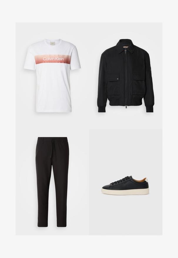 Black bomber jacket made of smooth, lightweight fabric. Features a zip front, two buttoned chest pockets, and ribbed cuffs.; White cotton t-shirt featuring a gradient pink stripe with "Calvin Klein" printed in bold, centered text across the chest. Short sleeves.; Black jogger pants made of smooth fabric. Feature an elastic waistband with a drawstring, tapered legs, and no visible pockets. Simple design.; Black leather sneakers with a smooth texture, beige rubber sole, lace-up design, and a contrasting heel accent.